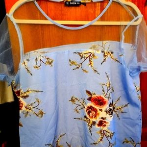 Size 0XL Shein top Light blue floral with sheer neck, shoulders